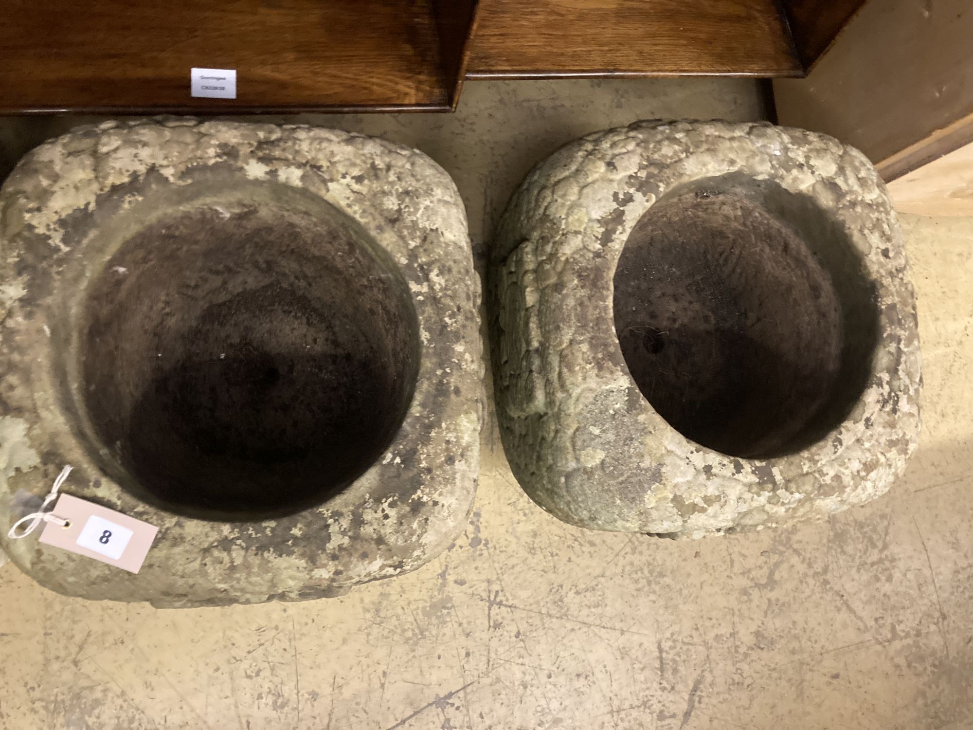 A pair of square pebble effect reconstituted stone garden planters, width 39cm, height 33cm